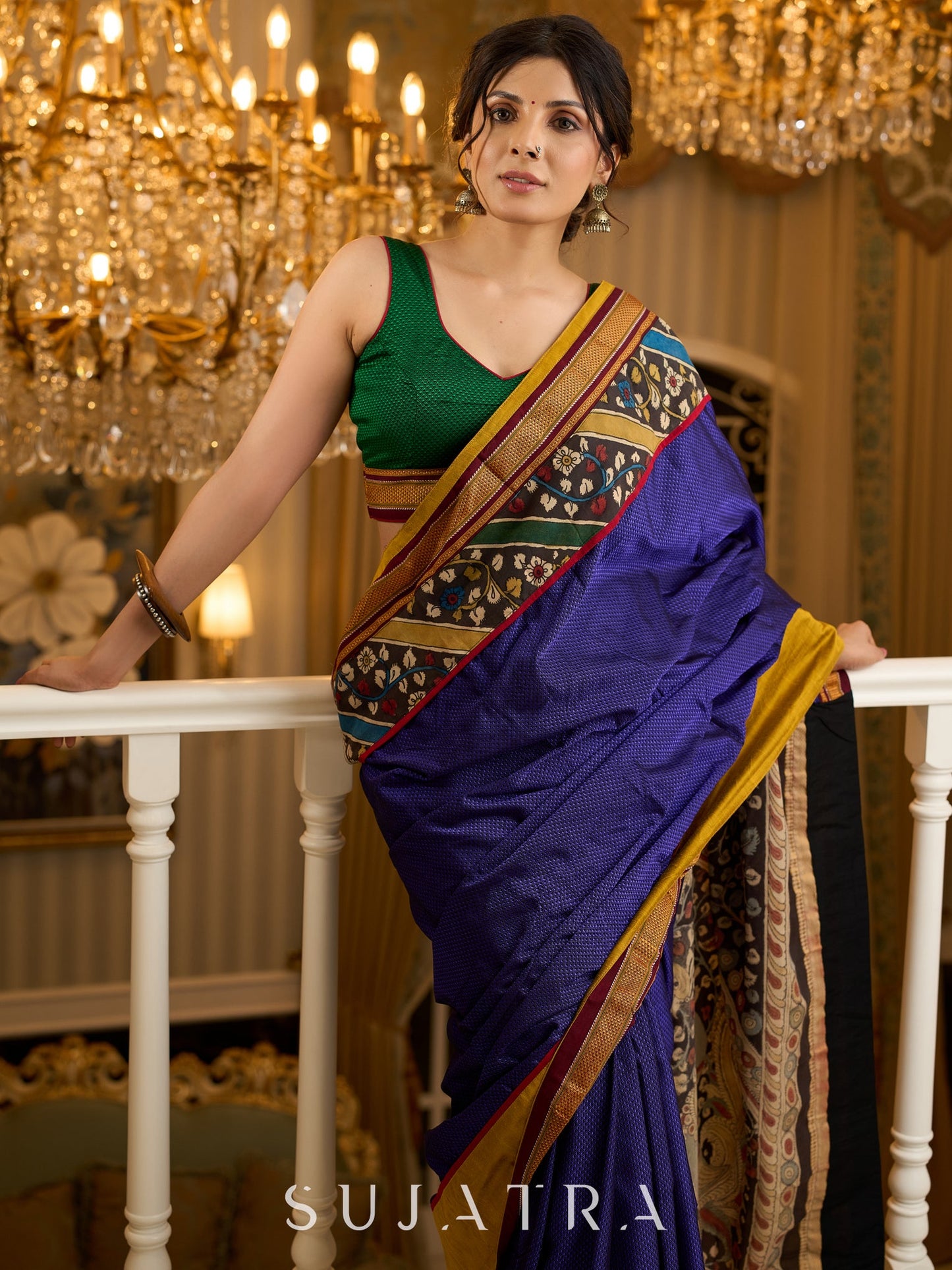 Exquisite Khun saree with hand-painted Kalamkari pallu and detailing