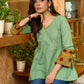 Green Artisan Cotton Top with Contrast Mustard Floral Printed Sleeves and Delicate Embellishments and Hand Embroidered Kantha