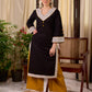 Timeless Black Cotton Kurta with White Floral Hand Block Printed Yoke, Cuffs & Hem with Contrast Button Detail