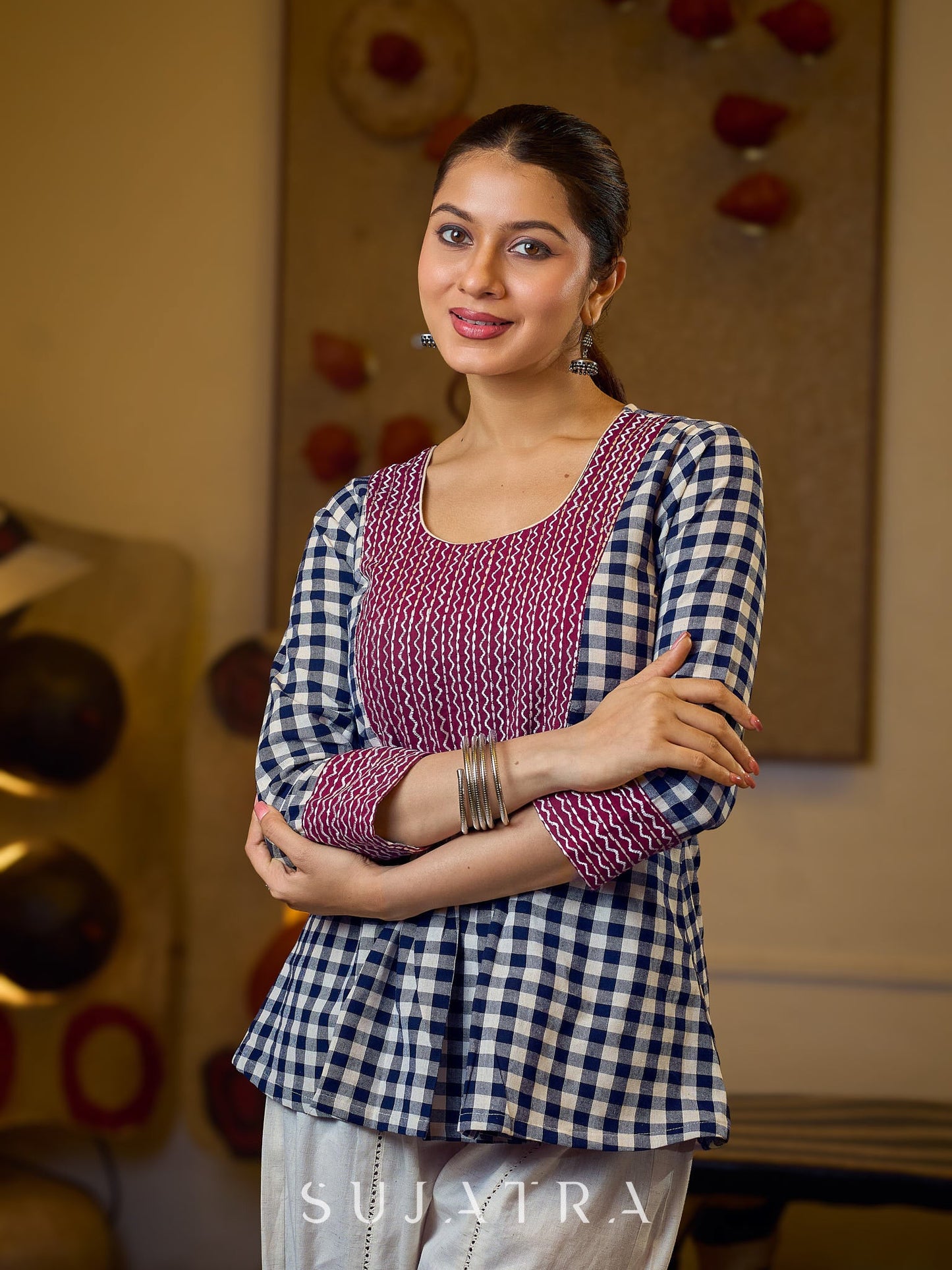 Classic Checkered Cotton Gathered Top Featuring A Contrasting Maroon Embroidered Yoke And Sleeves