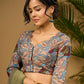 Elegant scallop neck blouse with vibrant kalamkari print  - Optional Plain Saree
