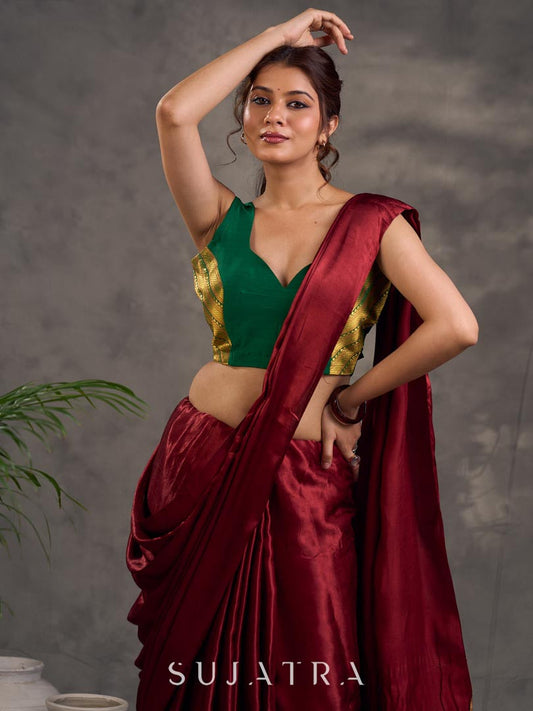 Forest Green Cotton Silk Sleeveless Sweetheart Neckline Blouse with Gold Zari Border