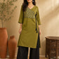 Chic Olive Green Cotton Kurta with Ajrakh Printed Asymmetric Yoke & Black Tassel Tie