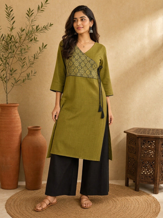 Chic Olive Green Cotton Kurta with Ajrakh Printed Asymmetric Yoke & Black Tassel Tie