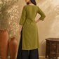 Chic Olive Green Cotton Kurta with Ajrakh Printed Asymmetric Yoke & Black Tassel Tie