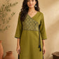 Chic Olive Green Cotton Kurta with Ajrakh Printed Asymmetric Yoke & Black Tassel Tie