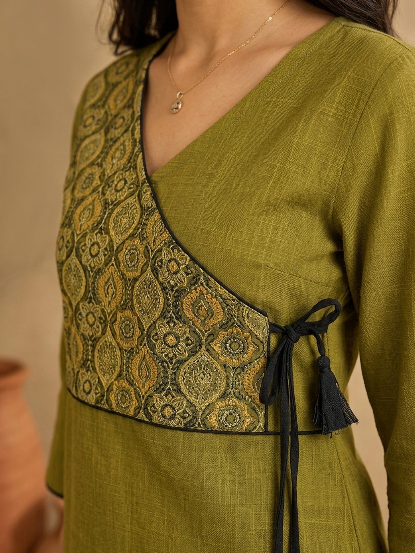 Chic Olive Green Cotton Kurta with Ajrakh Printed Asymmetric Yoke & Black Tassel Tie