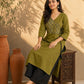 Chic Olive Green Cotton Kurta with Ajrakh Printed Asymmetric Yoke & Black Tassel Tie