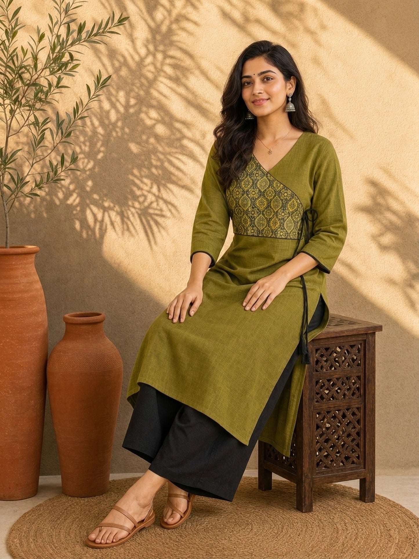 Chic Olive Green Cotton Kurta with Ajrakh Printed Asymmetric Yoke & Black Tassel Tie