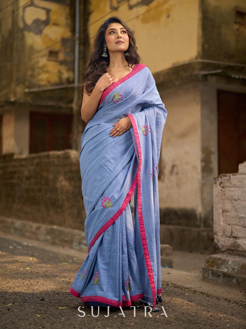 Light Grey Cotton Saree with Delicate Floral Hand Embroidery