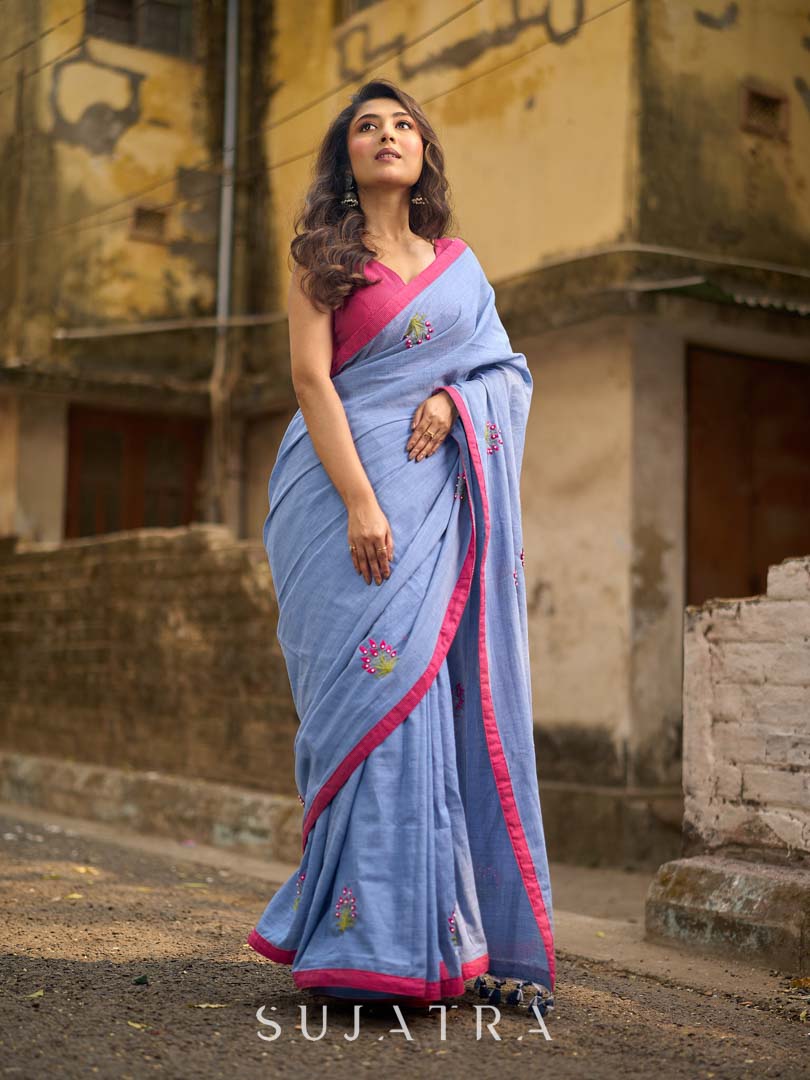 Light Grey Cotton Saree with Delicate Floral Hand Embroidery