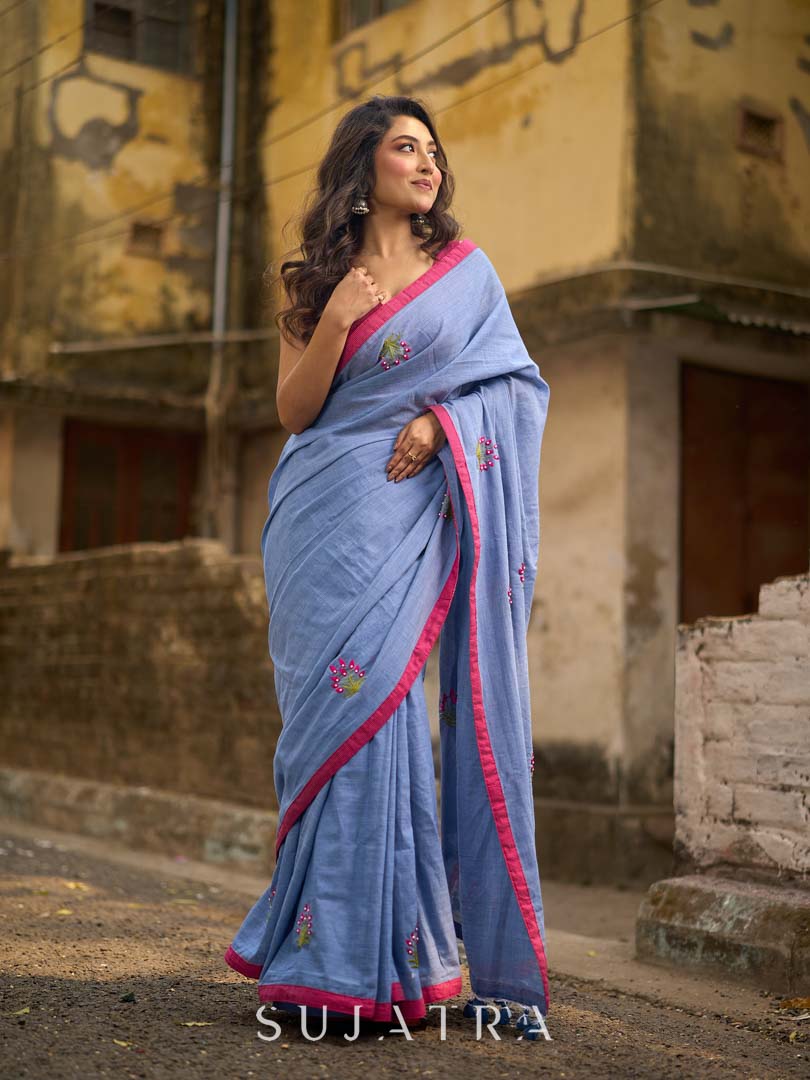 Light Grey Cotton Saree with Delicate Floral Hand Embroidery