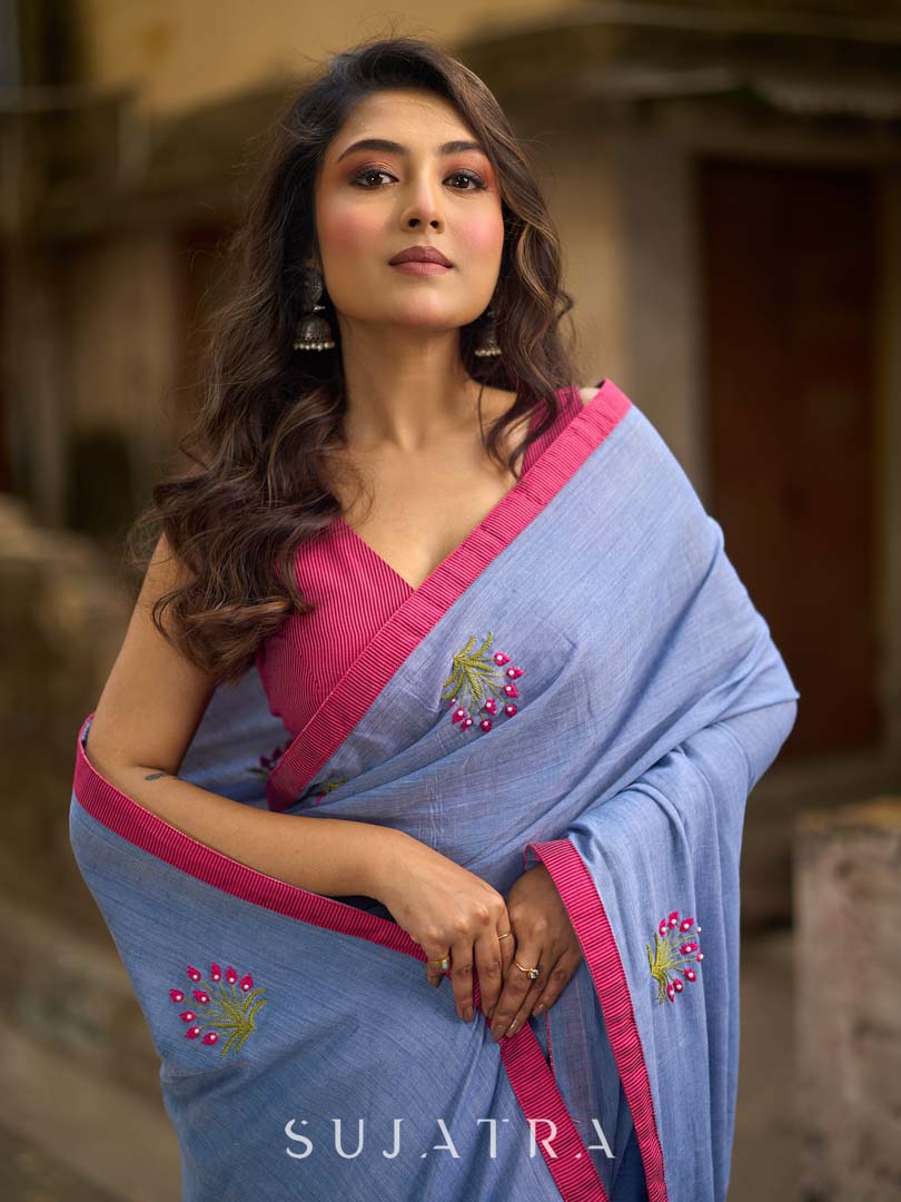Light Grey Cotton Saree with Delicate Floral Hand Embroidery