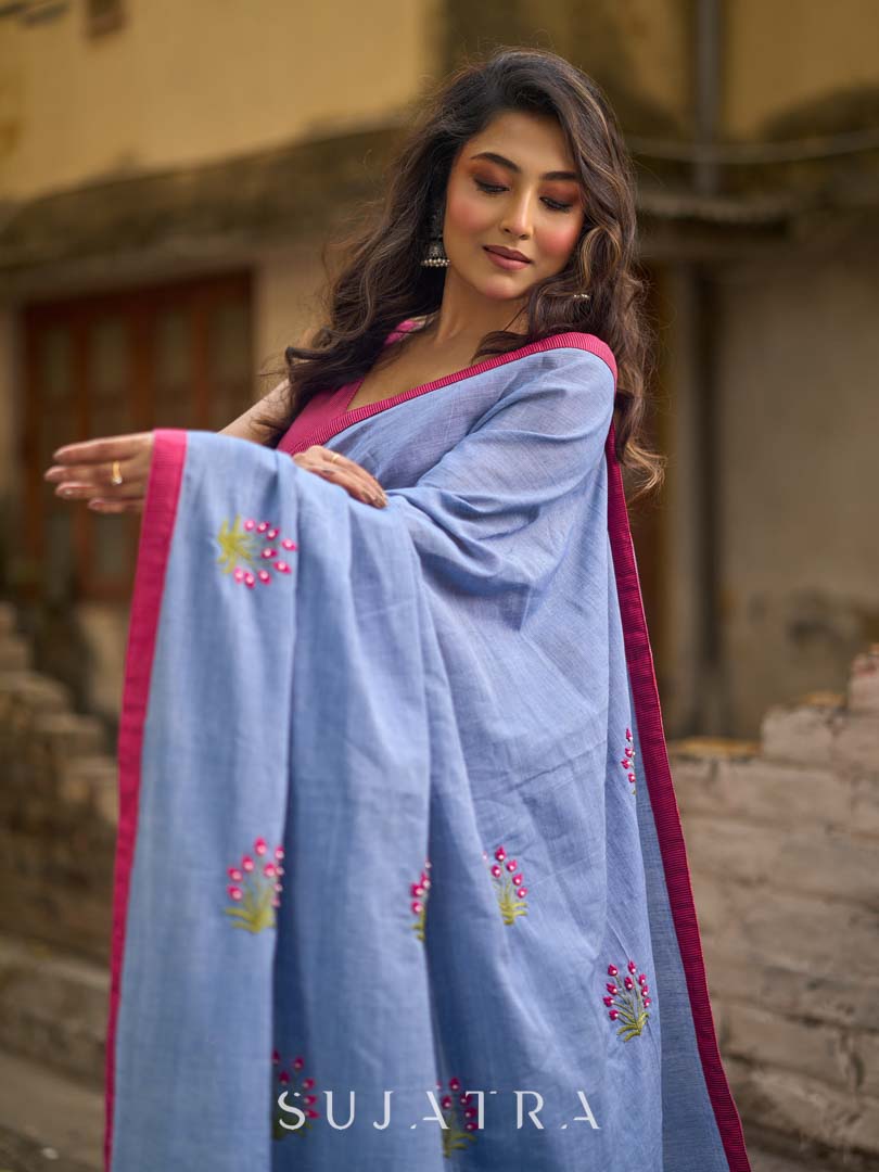 Light Grey Cotton Saree with Delicate Floral Hand Embroidery