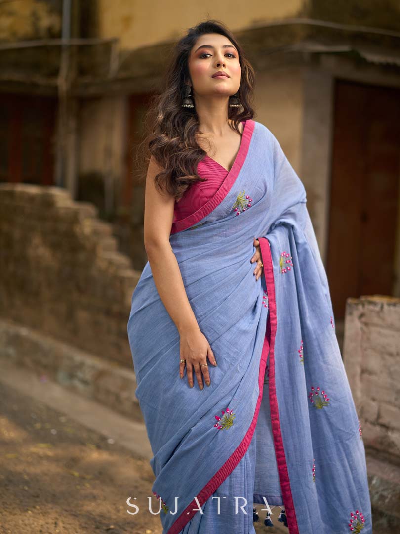 Light Grey Cotton Saree with Delicate Floral Hand Embroidery