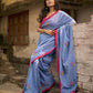 Light Grey Cotton Saree with Delicate Floral Hand Embroidery