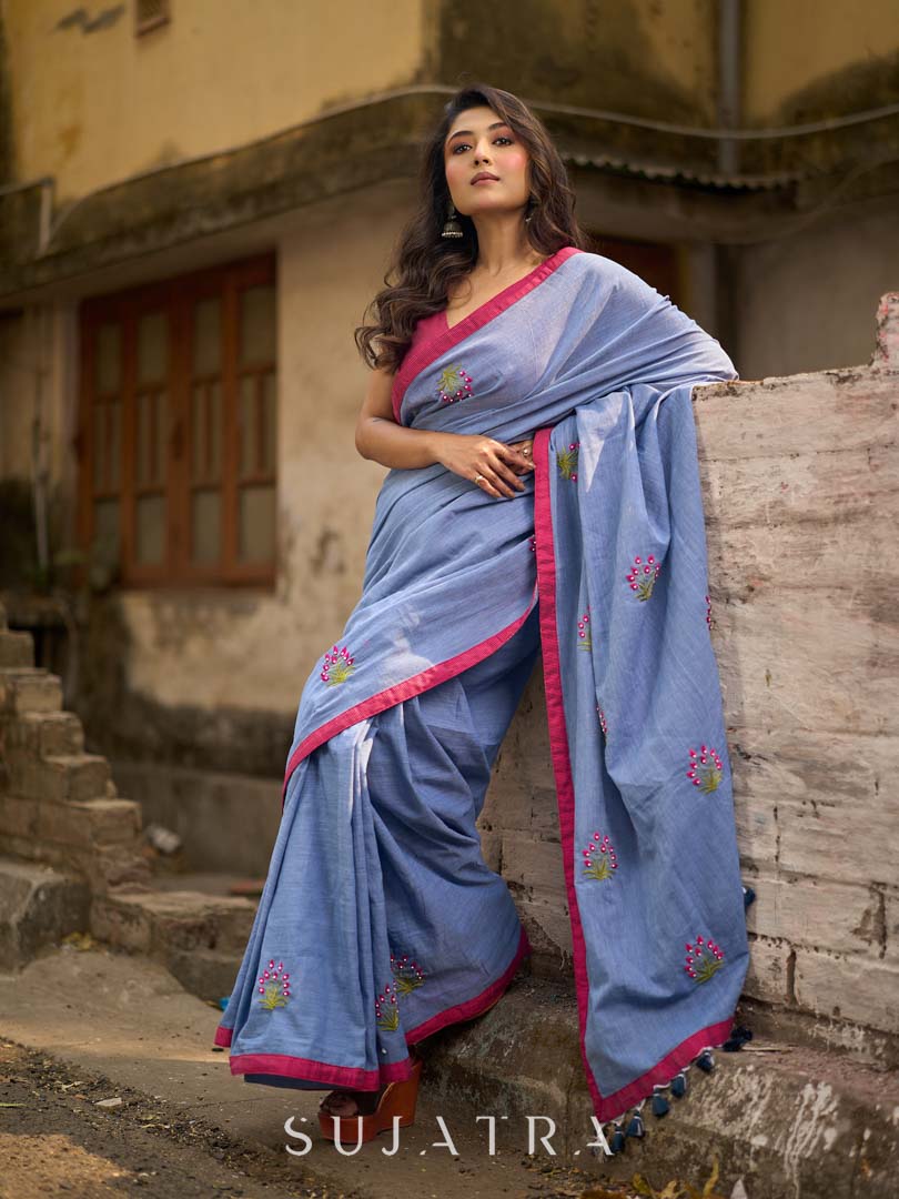 Light Grey Cotton Saree with Delicate Floral Hand Embroidery
