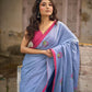 Light Grey Cotton Saree with Delicate Floral Hand Embroidery
