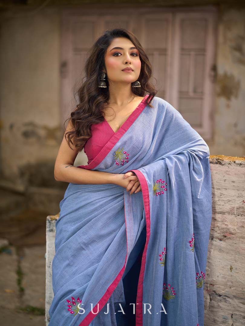 Light Grey Cotton Saree with Delicate Floral Hand Embroidery
