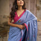 Light Grey Cotton Saree with Delicate Floral Hand Embroidery