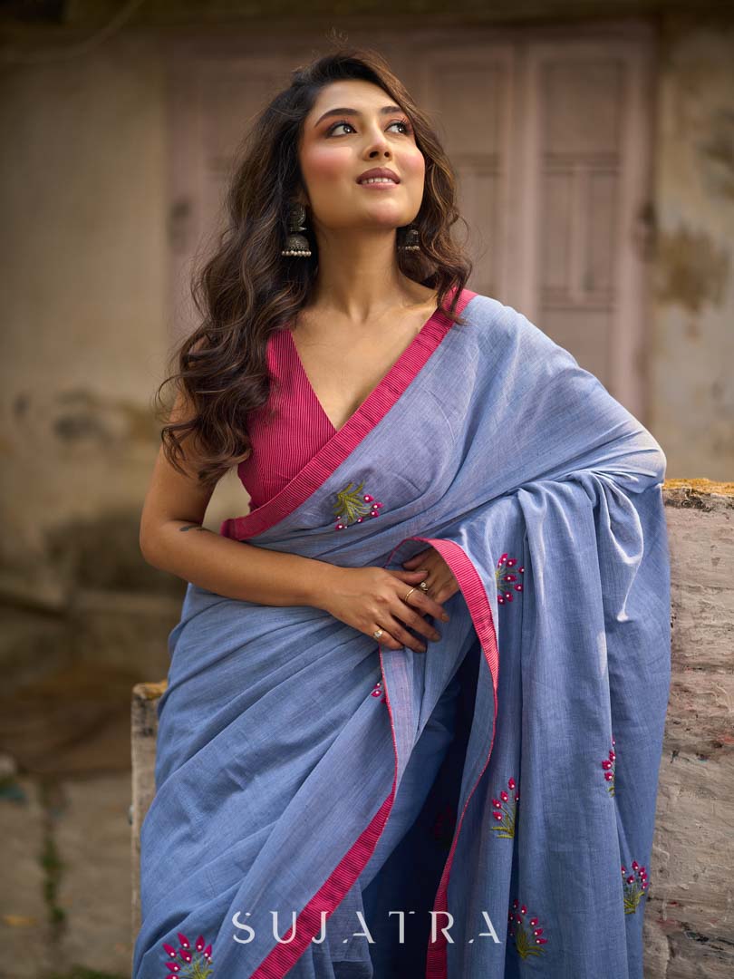 Light Grey Cotton Saree with Delicate Floral Hand Embroidery