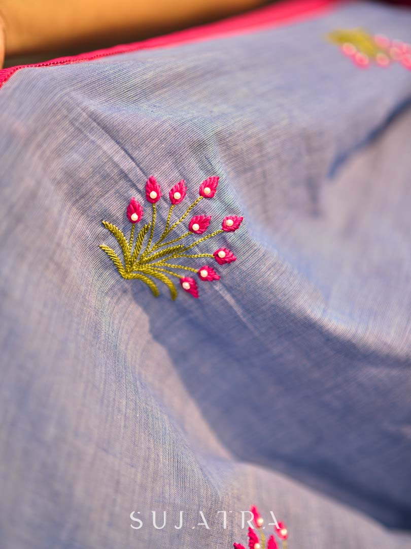 Light Grey Cotton Saree with Delicate Floral Hand Embroidery
