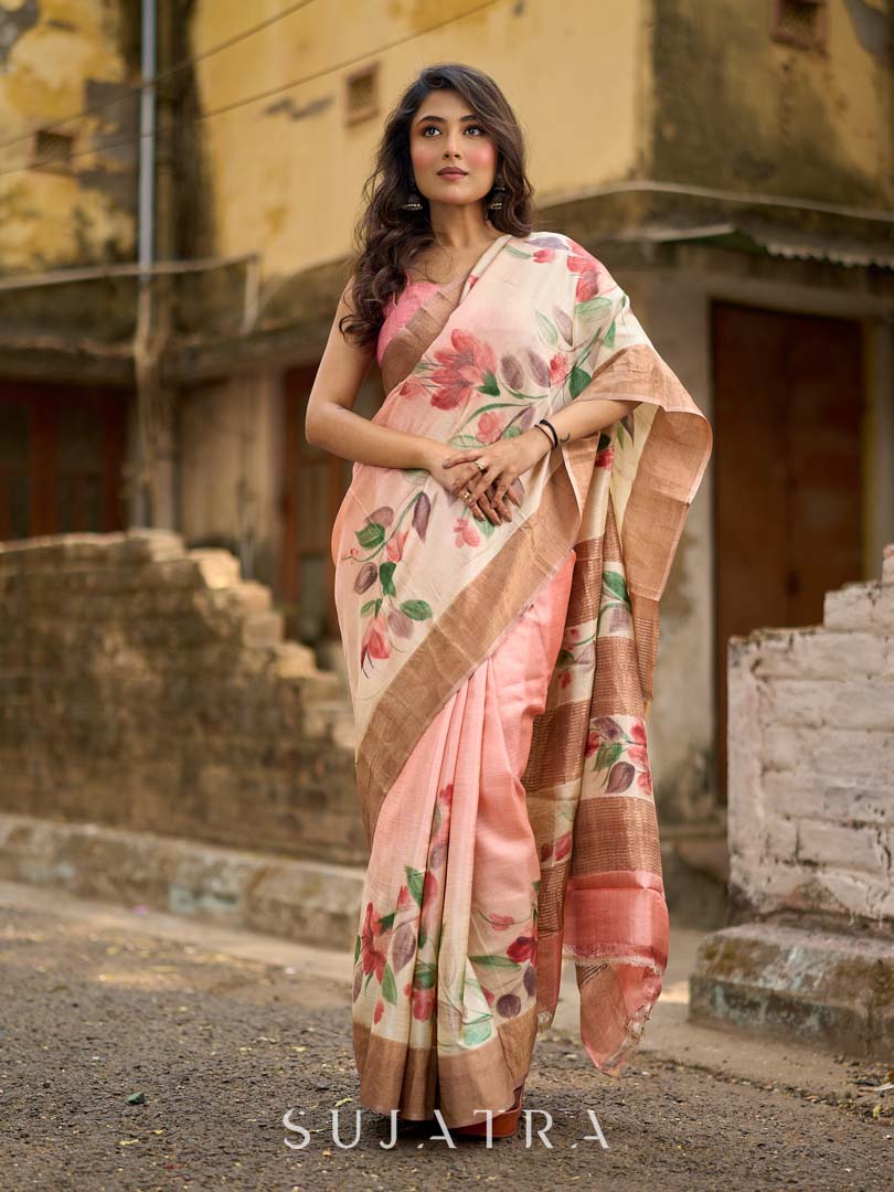 Pink Pastel Toned Tussar Silk Saree with Subtle Floral Print