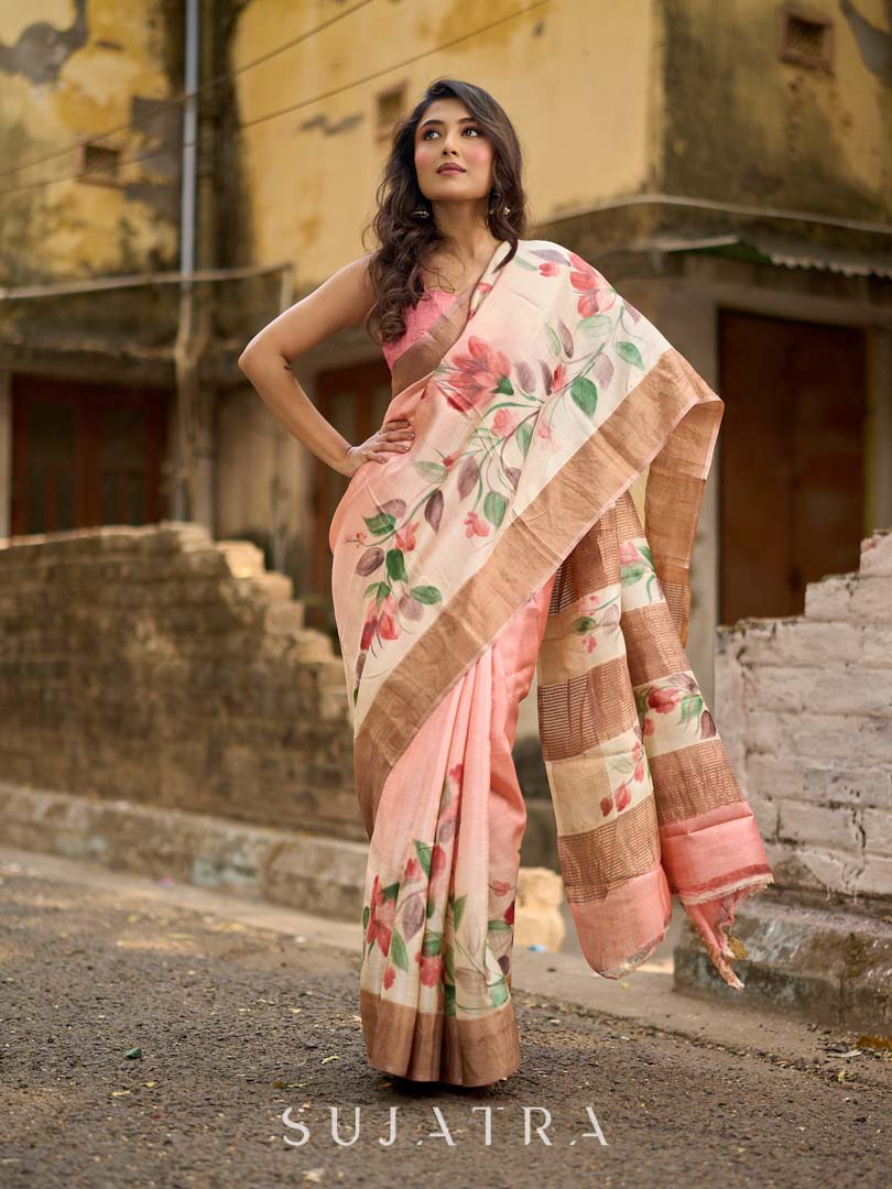 Pink Pastel Toned Tussar Silk Saree with Subtle Floral Print
