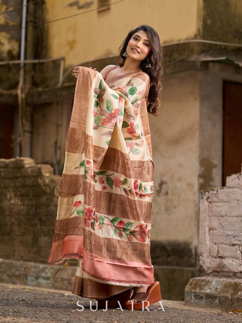 Pink Pastel Toned Tussar Silk Saree with Subtle Floral Print