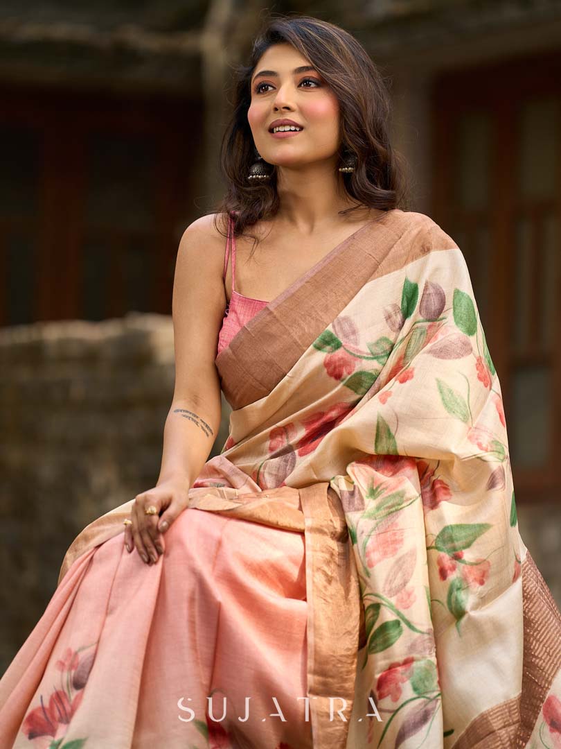 Pink Pastel Toned Tussar Silk Saree with Subtle Floral Print