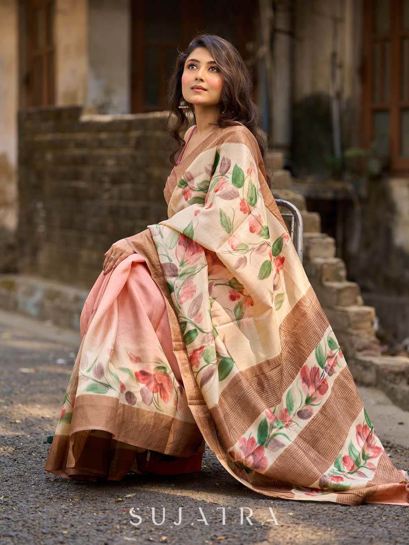 Pink Pastel Toned Tussar Silk Saree with Subtle Floral Print