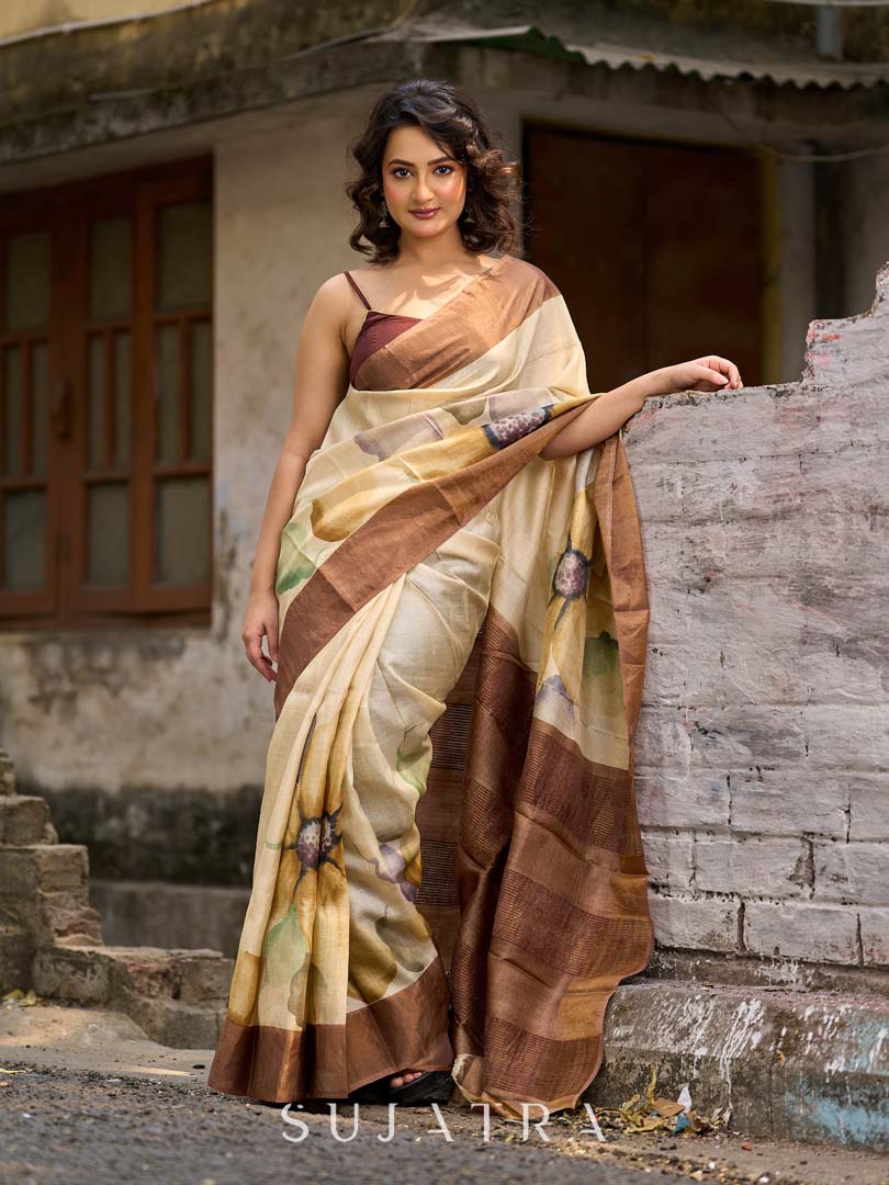 Classic Beige Tussar Silk Saree with Artistic Floral Design