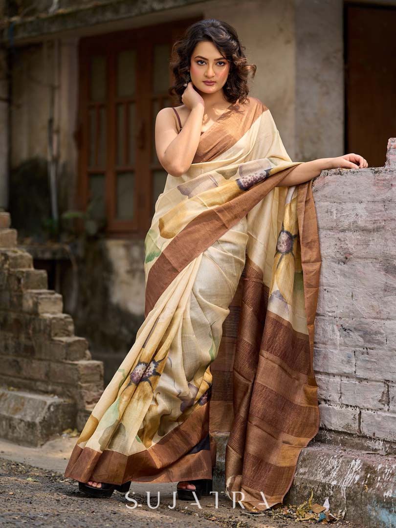 Classic Beige Tussar Silk Saree with Artistic Floral Design