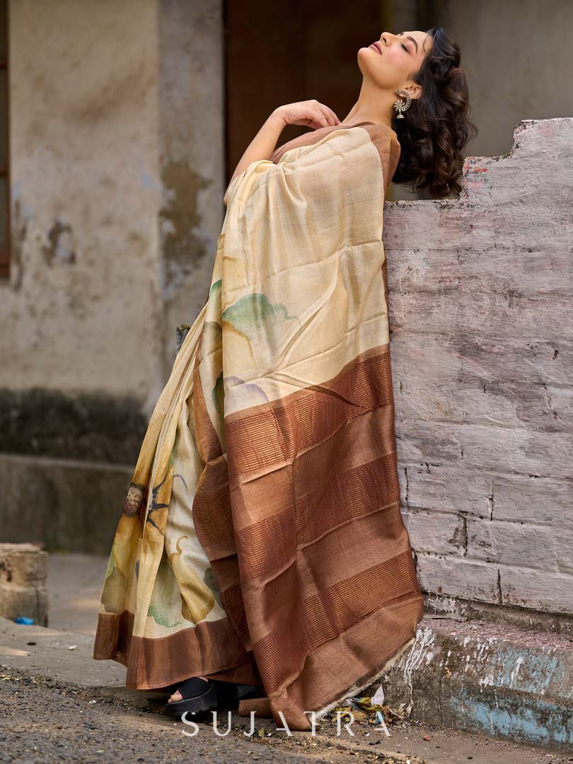 Classic Beige Tussar Silk Saree with Artistic Floral Design