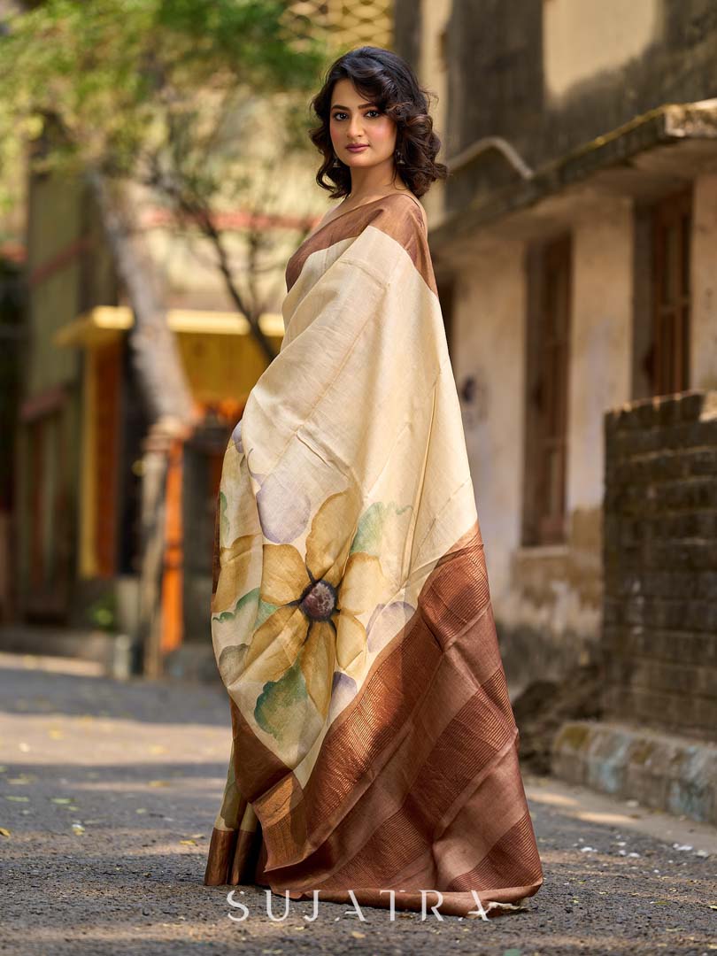 Classic Beige Tussar Silk Saree with Artistic Floral Design