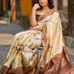 Classic Beige Tussar Silk Saree with Artistic Floral Design