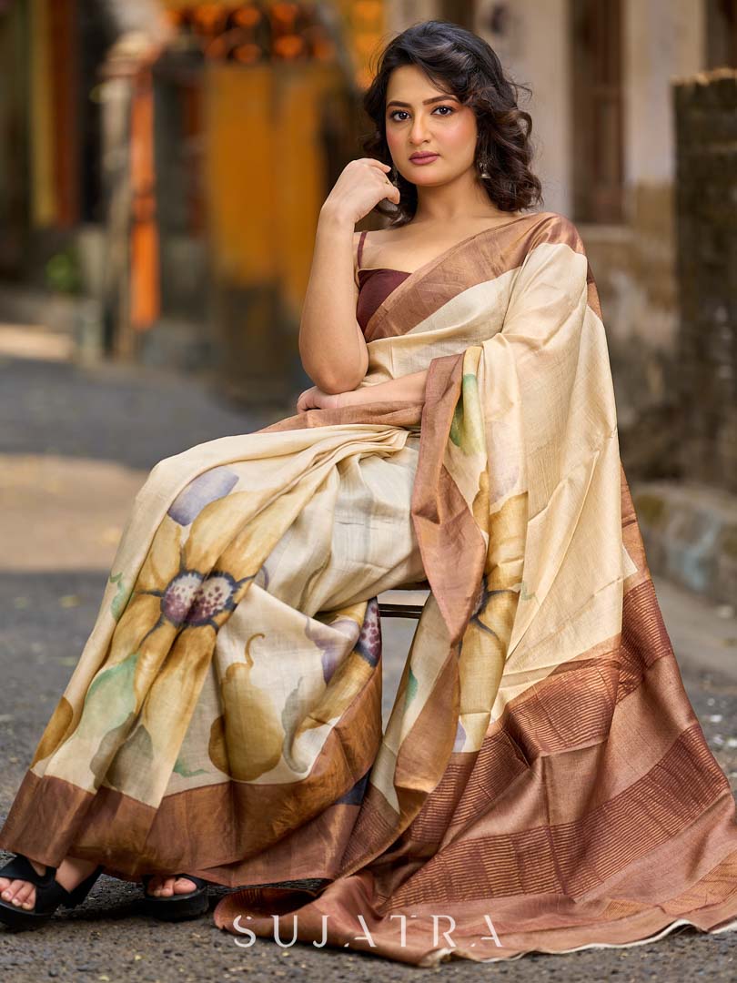 Classic Beige Tussar Silk Saree with Artistic Floral Design