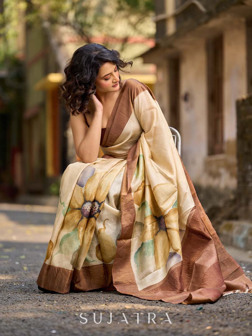 Classic Beige Tussar Silk Saree with Artistic Floral Design