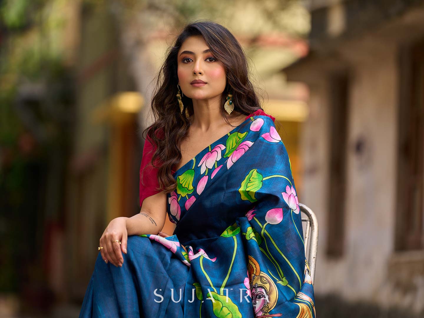 Navy Blue Tussar Silk Saree with Heritage Pichwai Print