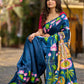 Navy Blue Tussar Silk Saree with Heritage Pichwai Print