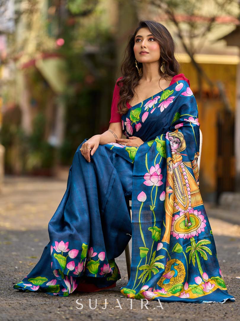 Navy Blue Tussar Silk Saree with Heritage Pichwai Print