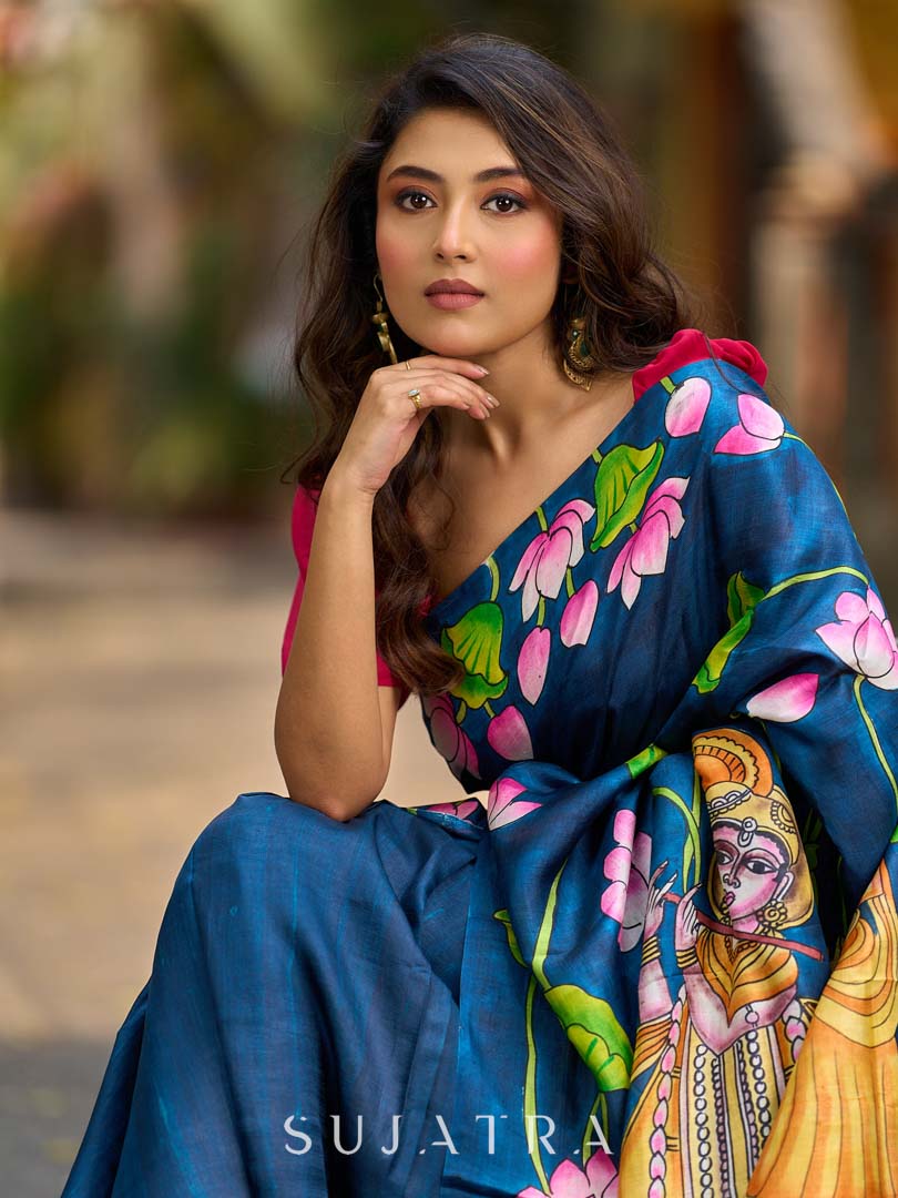 Navy Blue Tussar Silk Saree with Heritage Pichwai Print