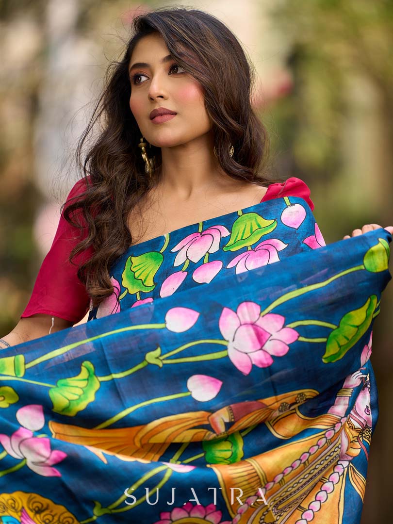 Navy Blue Tussar Silk Saree with Heritage Pichwai Print