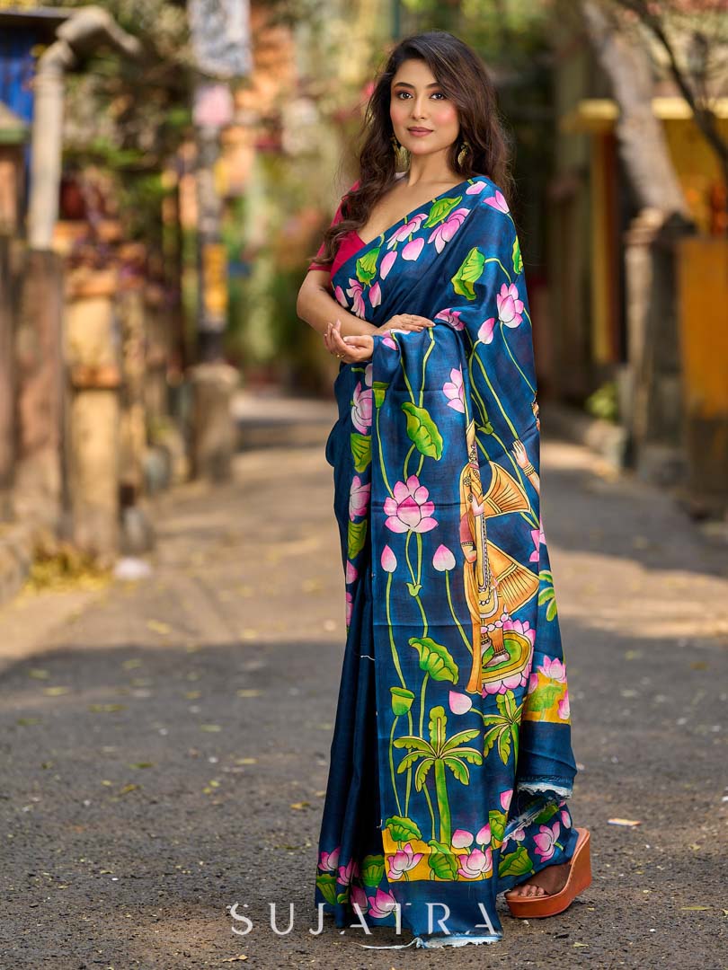 Navy Blue Tussar Silk Saree with Heritage Pichwai Print