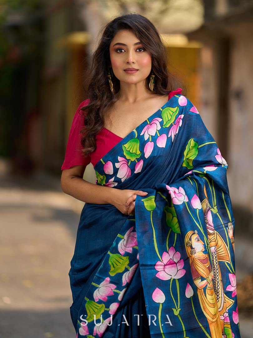 Navy Blue Tussar Silk Saree with Heritage Pichwai Print