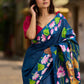 Navy Blue Tussar Silk Saree with Heritage Pichwai Print