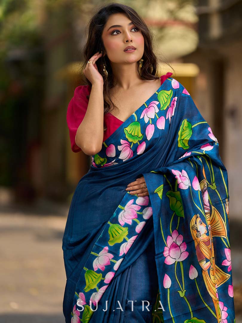 Navy Blue Tussar Silk Saree with Heritage Pichwai Print