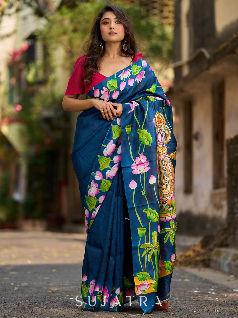 Navy Blue Tussar Silk Saree with Heritage Pichwai Print