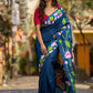 Navy Blue Tussar Silk Saree with Heritage Pichwai Print