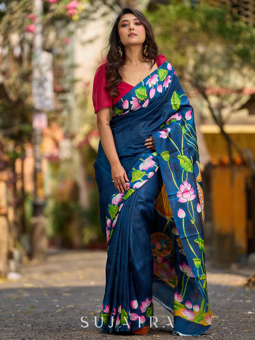 Navy Blue Tussar Silk Saree with Heritage Pichwai Print